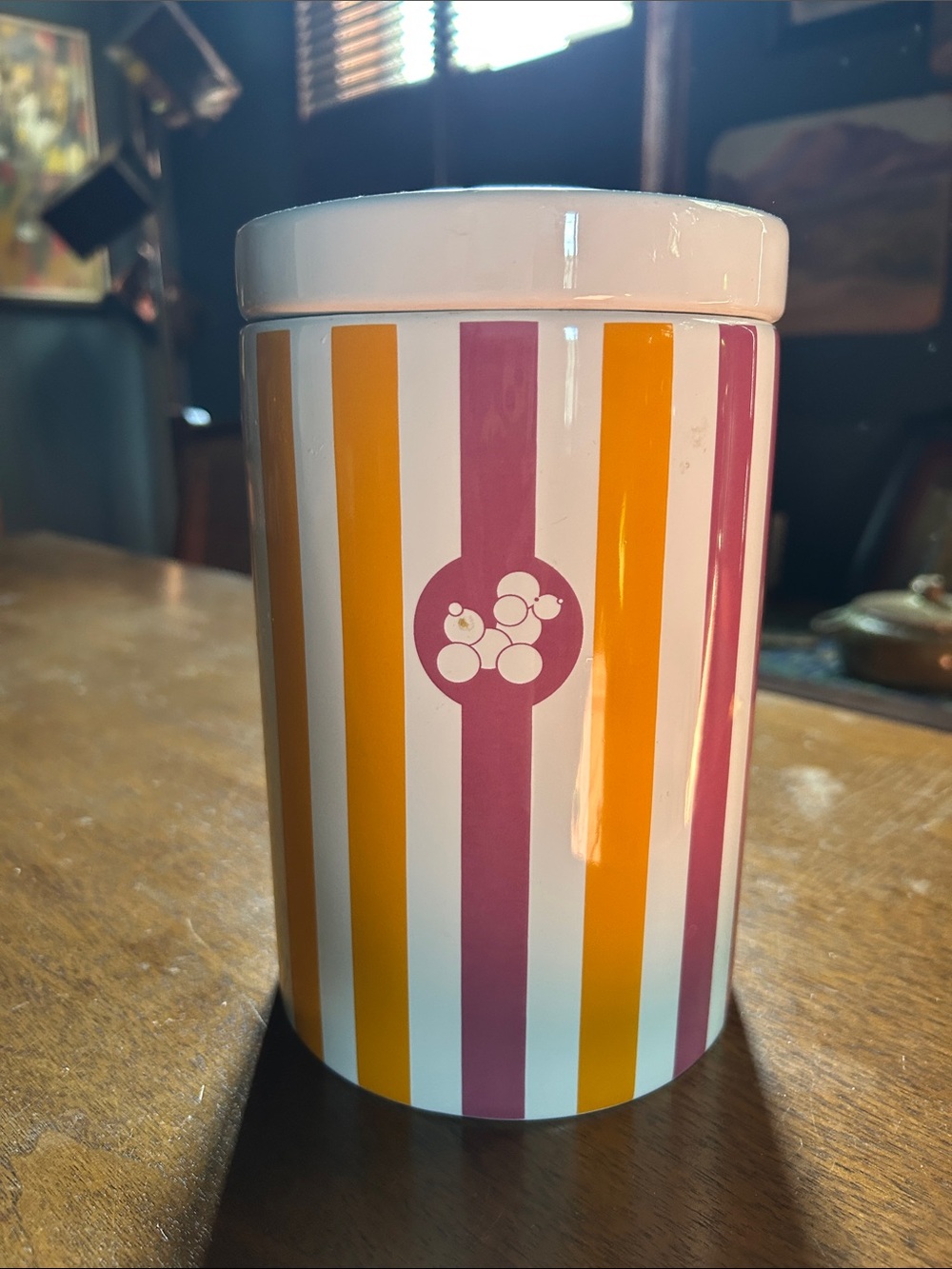 Jonathan Adler Pink and Mustard Striped Ceramic Canister